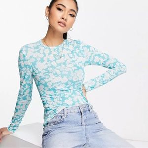 Topshop Floral Tissue Mesh Top in Mid Blue size L